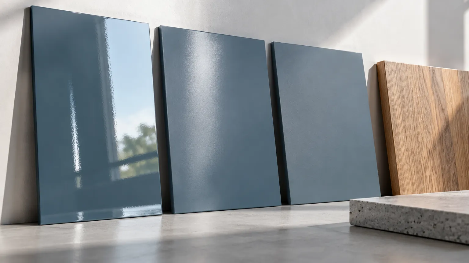 Sampel panel cat biru mengilap dan kayu