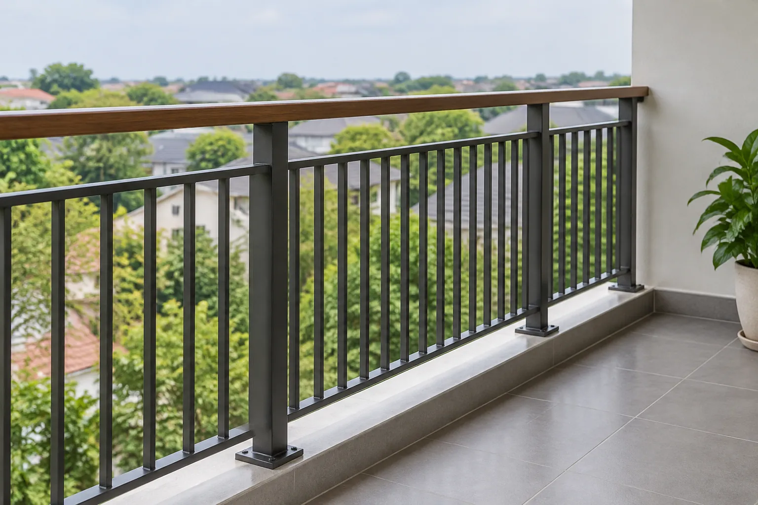 Railing balkon dengan tiang, pegangan, dan pengisi vertikal