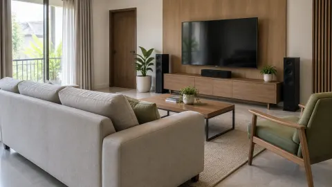 Ruang keluarga dengan televisi dan beberapa area duduk