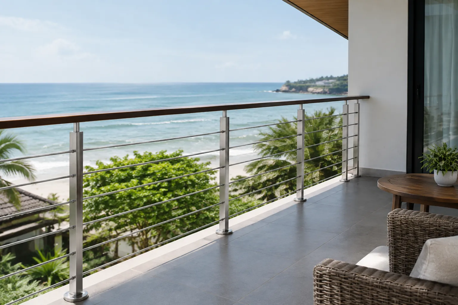 Pagar logam balkon menghadap pantai terbuka