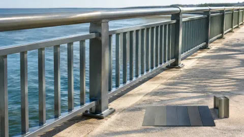 Railing logam luar ruang di tepi jalan dekat laut