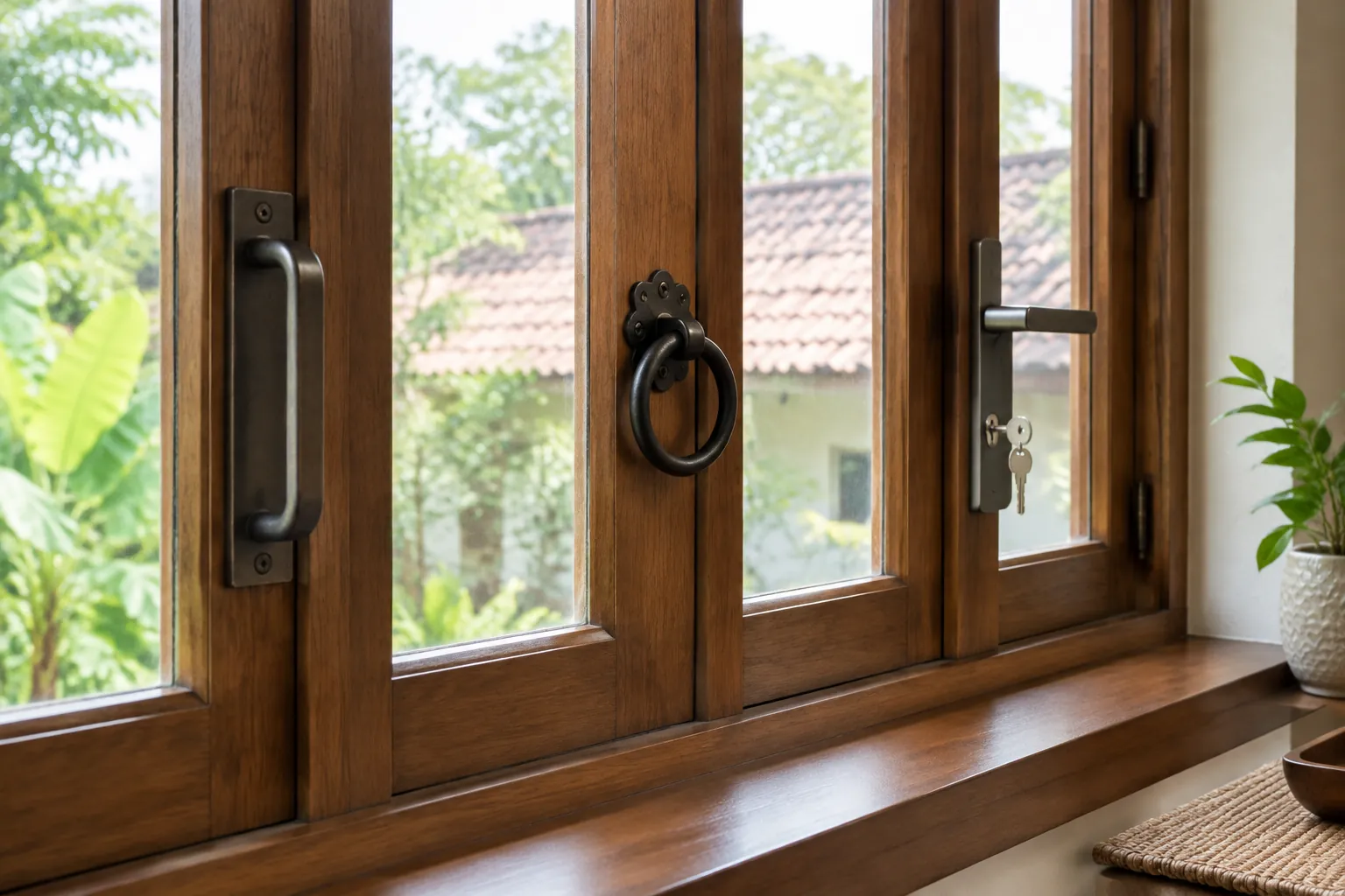 Beberapa bentuk pegangan pada jendela kayu