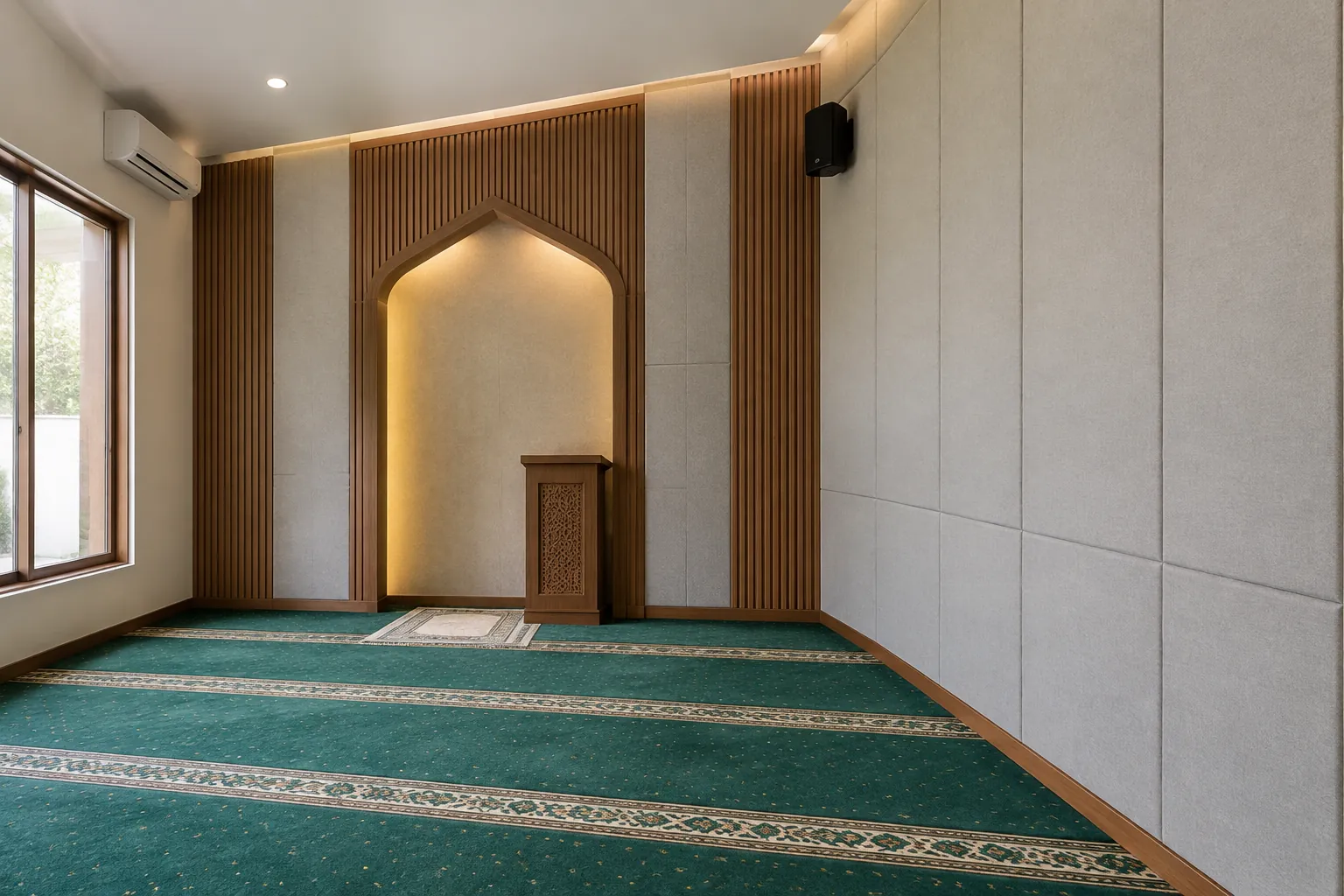 Interior mushola dengan karpet dan panel dinding.