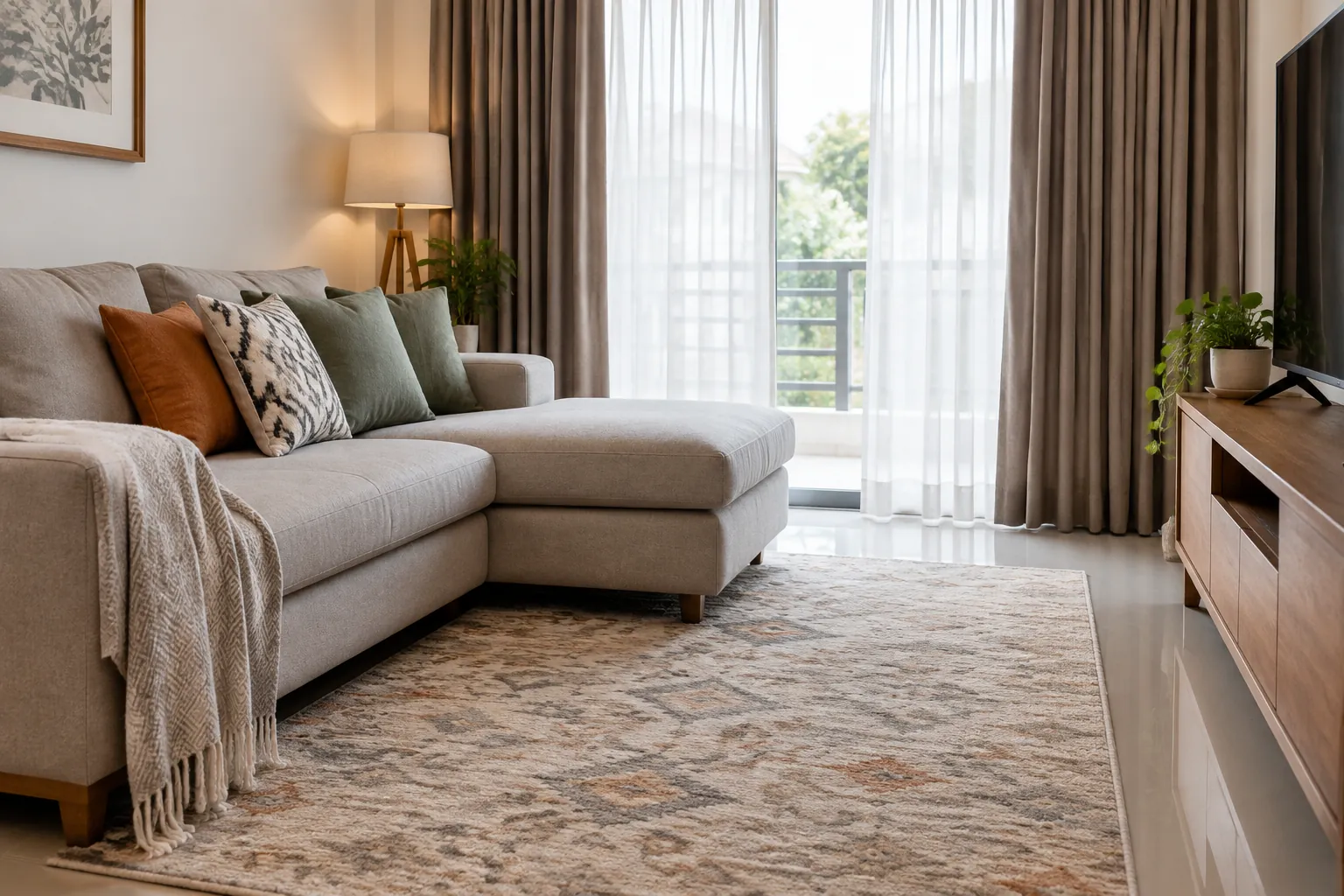 Sofa, tirai, dan karpet bermotif pada ruang keluarga