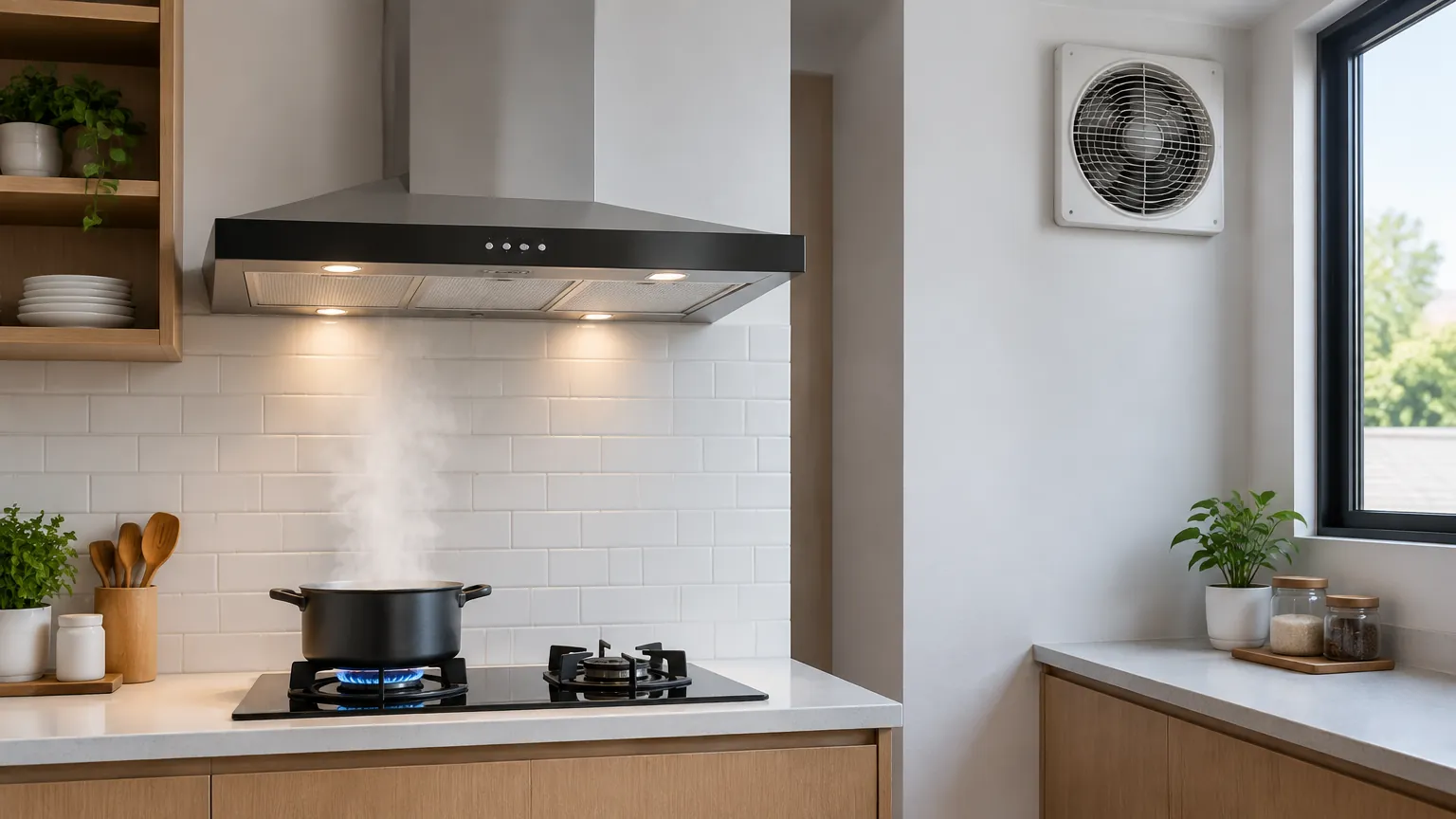Dapur dengan cooker hood di atas kompor dan kipas dinding