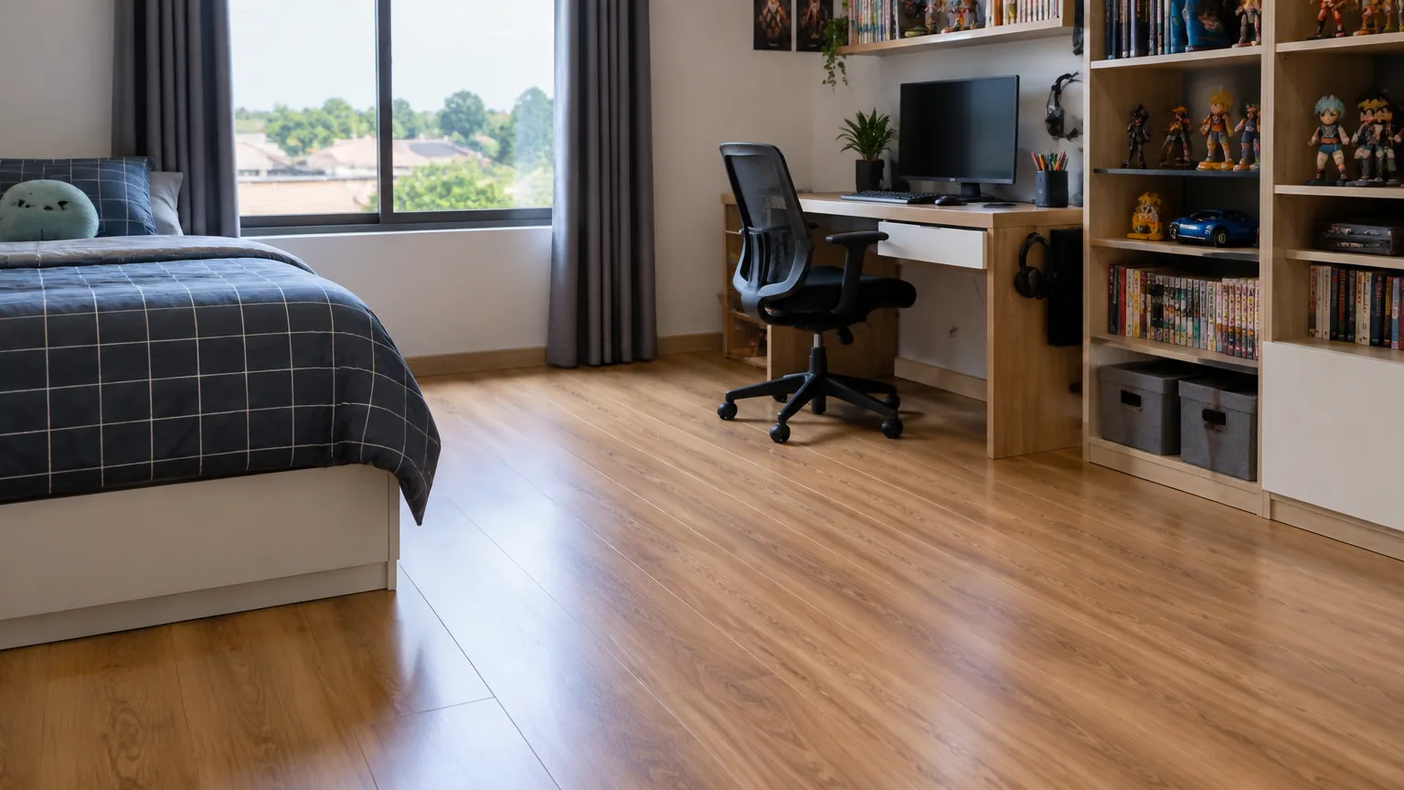 Lantai kayu kamar remaja dengan ranjang dan meja kerja dekat jendela