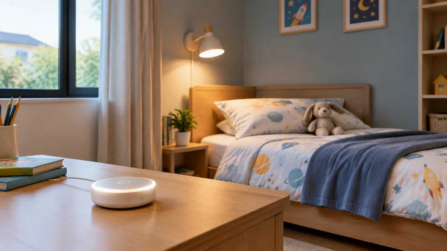 Kamar anak dengan lampu meja dan perangkat kontrol kecil