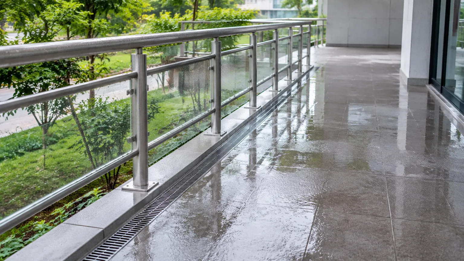 Air menggenang di lantai balkon dekat railing kaca