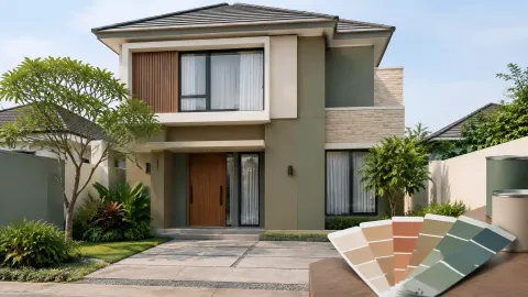 Fasad rumah dua lantai dengan bidang dinding hijau abu-abu dan sampel warna di depan
