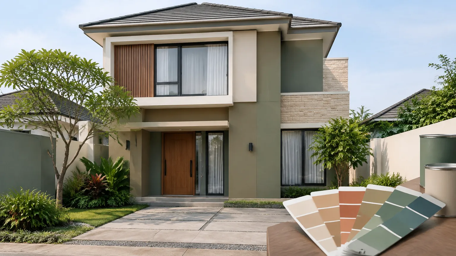 Fasad rumah dua lantai dengan bidang dinding hijau abu-abu dan sampel warna di depan