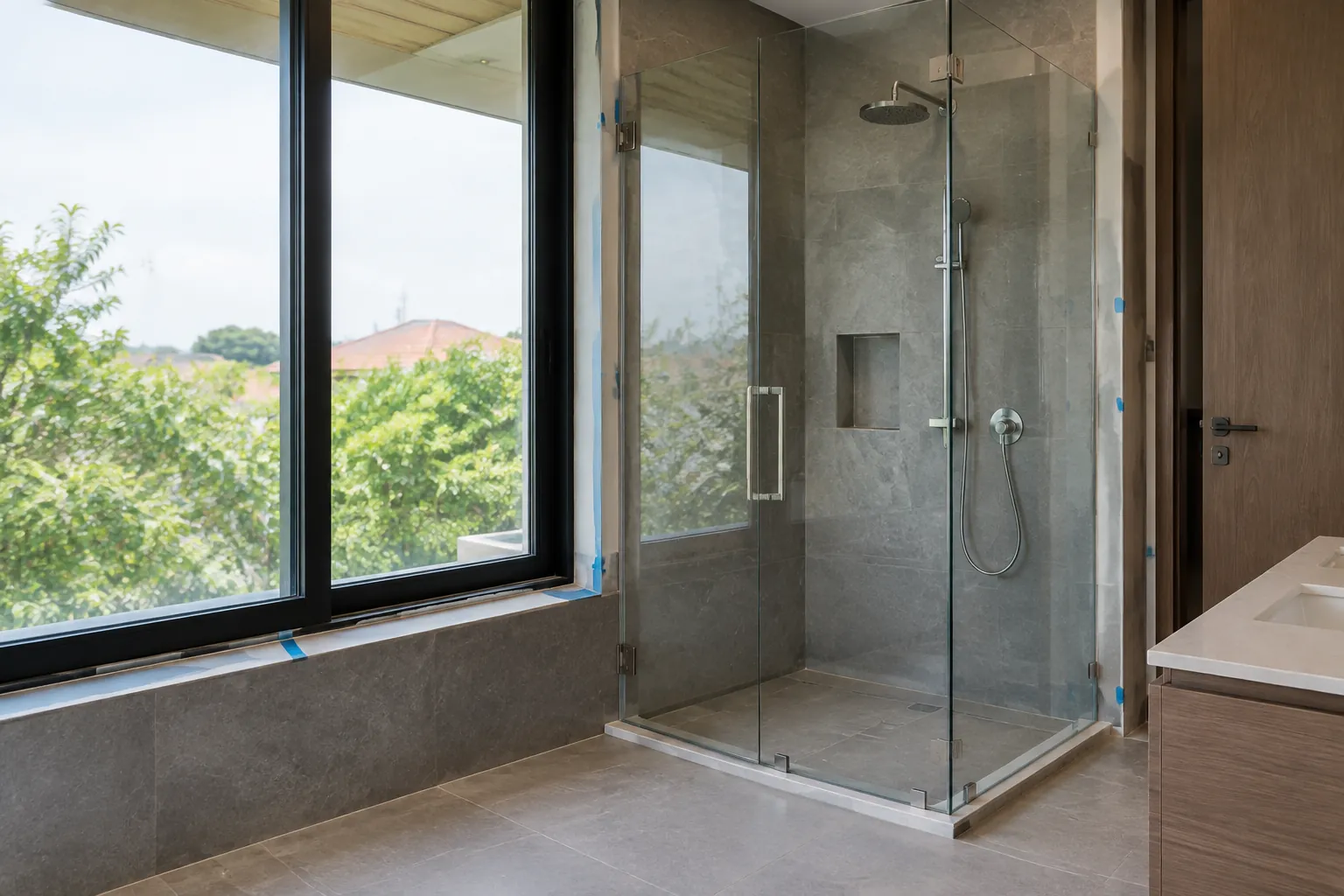 Panel kaca kamar mandi terpasang di samping jendela