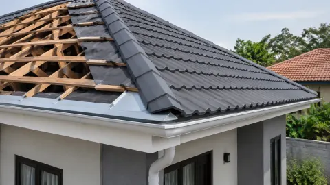 Atap rumah yang sebagian dibongkar memperlihatkan rangka kayu