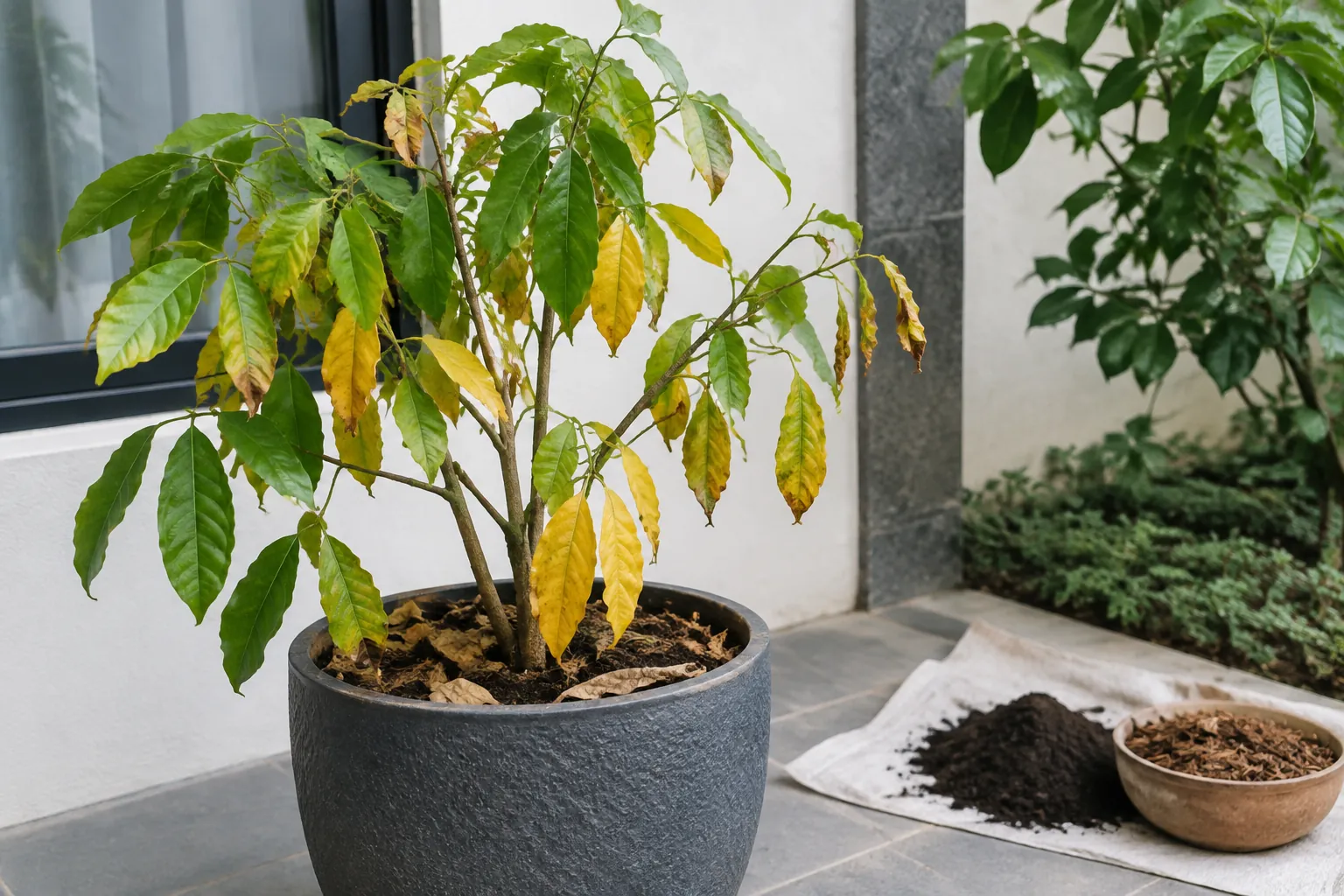Tanaman pot memperlihatkan daun menguning di dekat dinding rumah