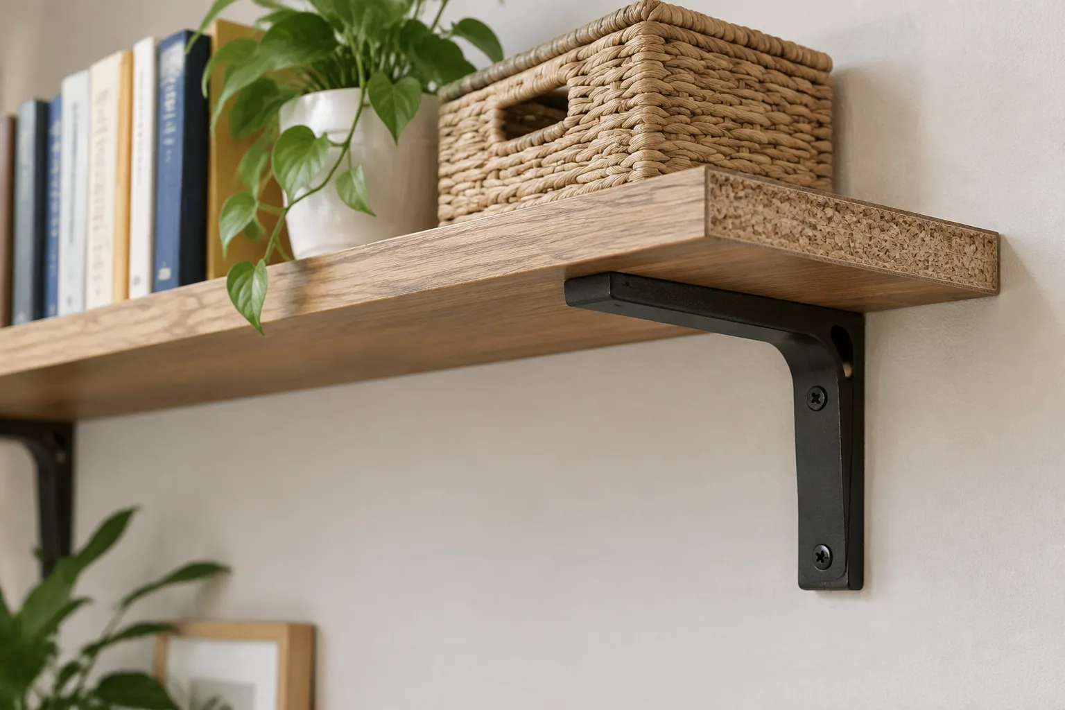 Rak dinding kayu dengan braket logam