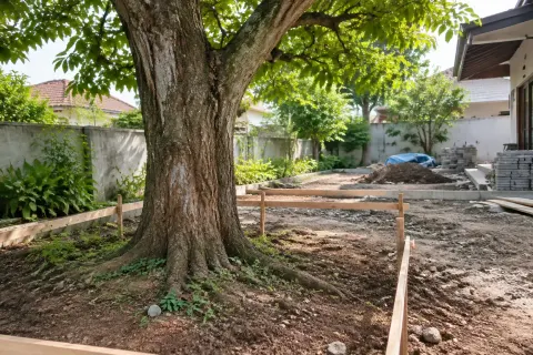 Pohon besar berdiri di area halaman yang sedang ditata