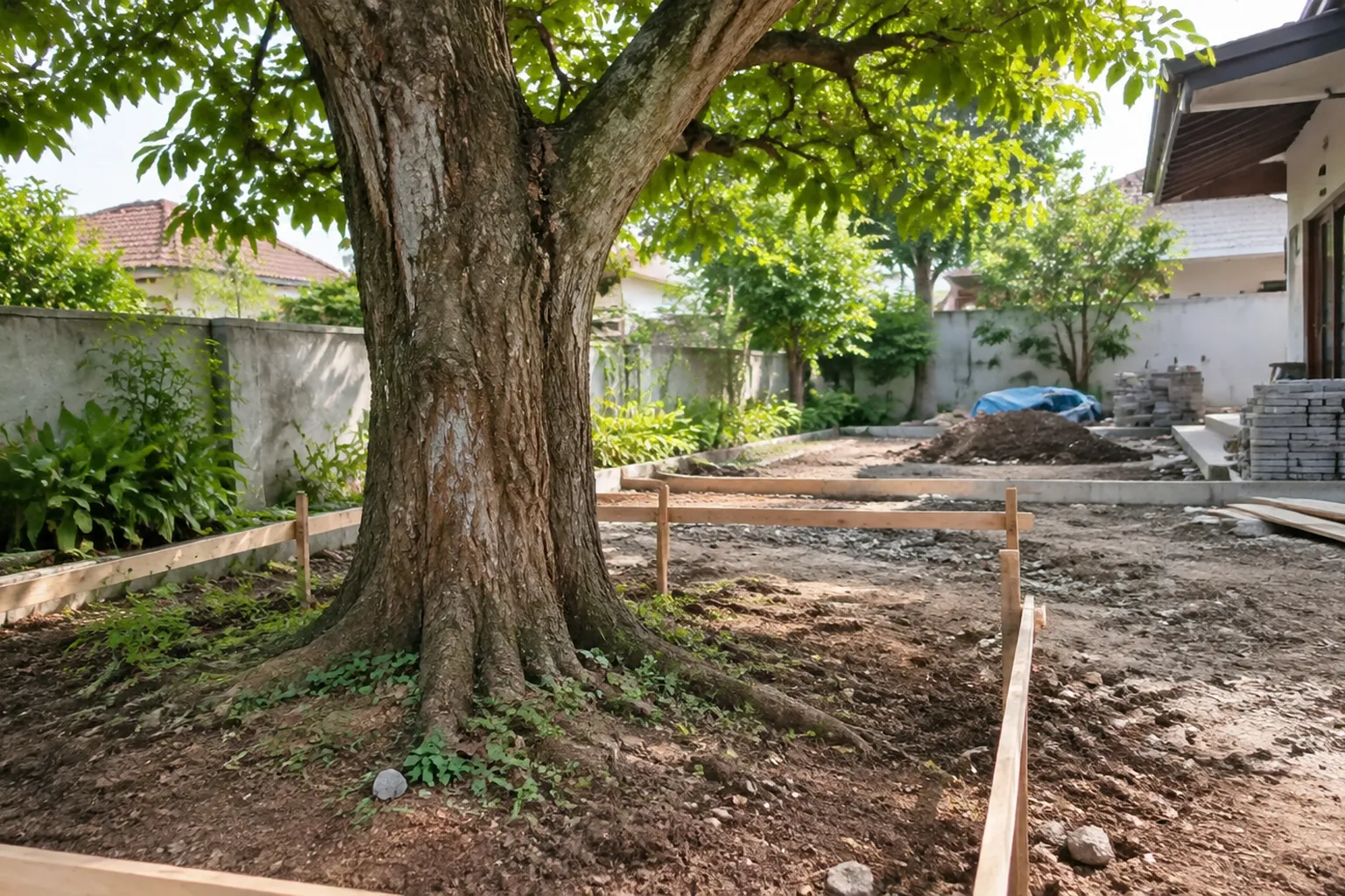 Pohon besar berdiri di area halaman yang sedang ditata