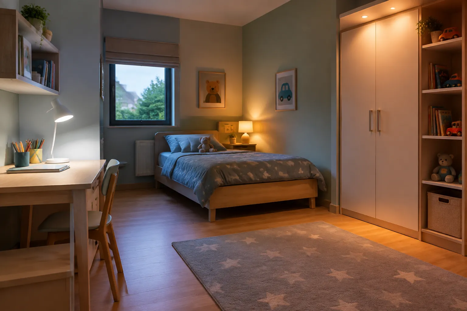 Kamar anak dengan lampu meja dan lampu dekat lemari