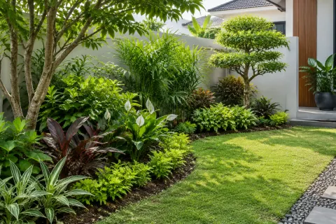 Pohon, semak, dan rumput pada taman rumah
