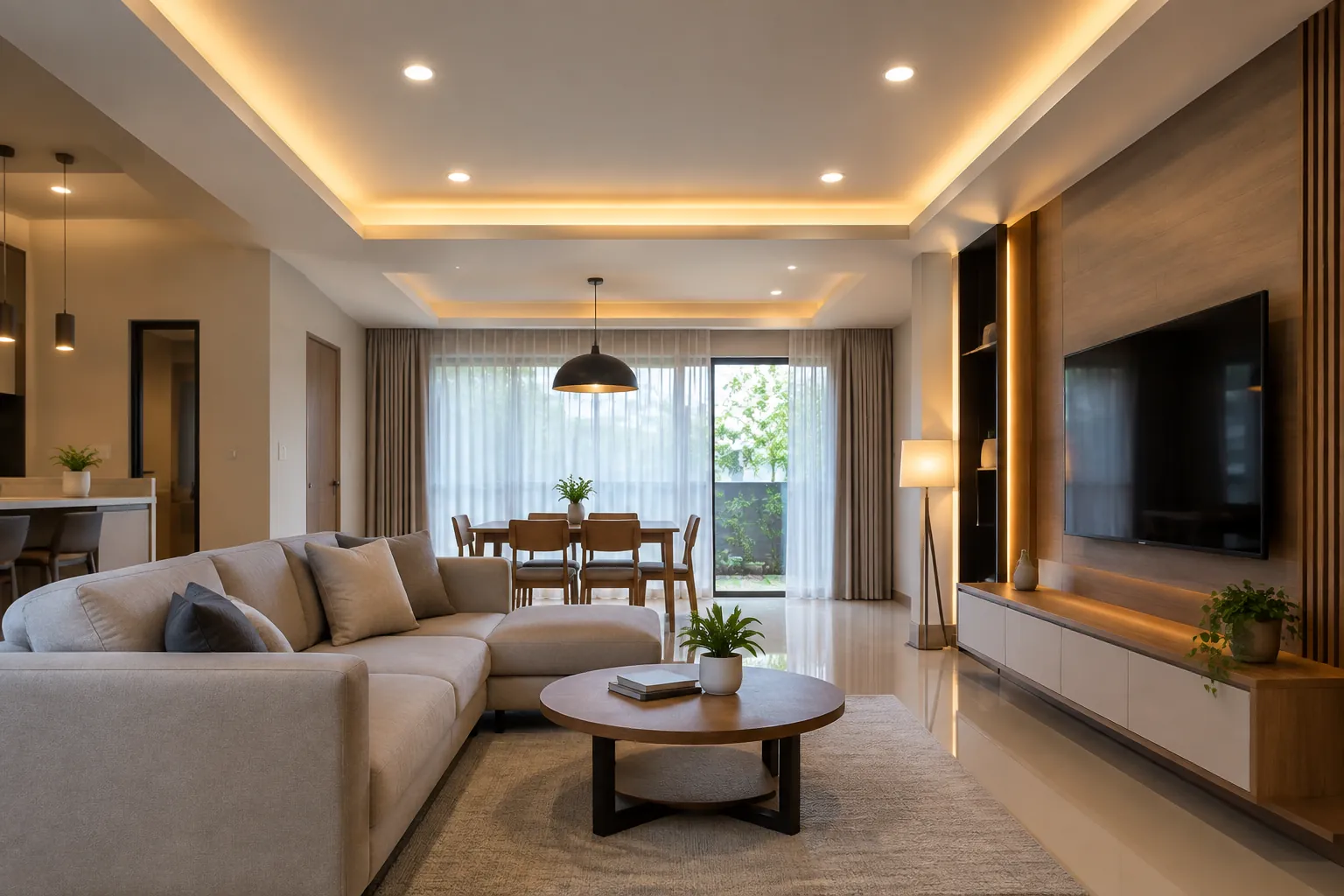 Ruang keluarga dengan lampu plafon dan sofa menghadap televisi