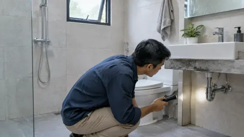 Petugas memeriksa area bawah wastafel kamar mandi yang lembap