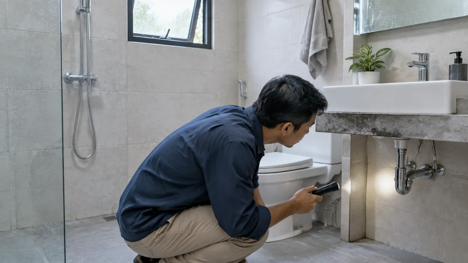 Petugas memeriksa area bawah wastafel kamar mandi yang lembap