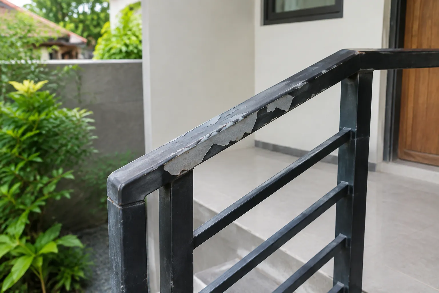 Lapisan cat pada railing luar ruang tampak mengelupas