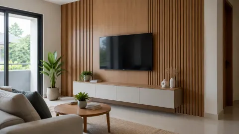 Panel kayu vertikal di belakang televisi