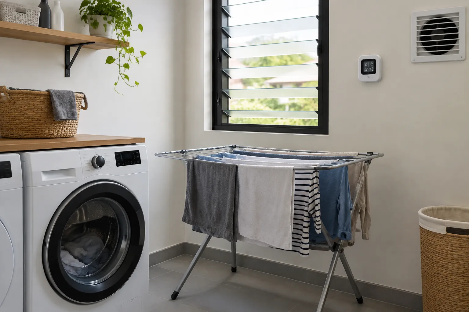 Ruang laundry dengan jemuran dekat jendela