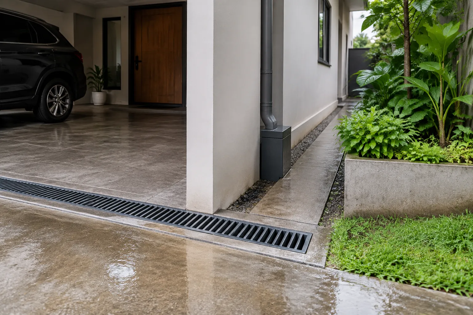 Saluran linear ditempatkan di sisi carport dan sepanjang kaki dinding