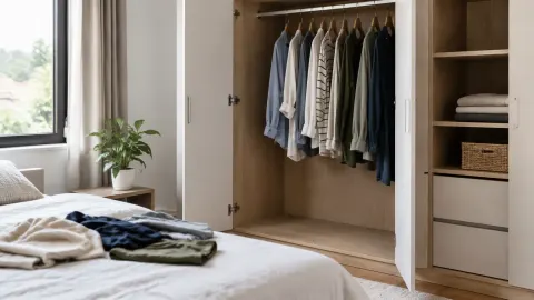 Lemari pakaian terbuka di kamar tidur dengan pakaian tersusun