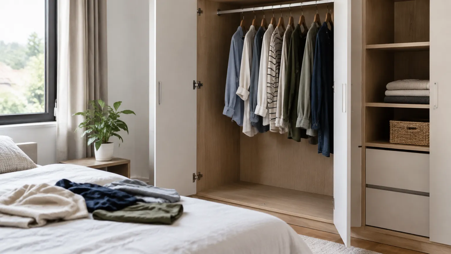 Lemari pakaian terbuka di kamar tidur dengan pakaian tersusun