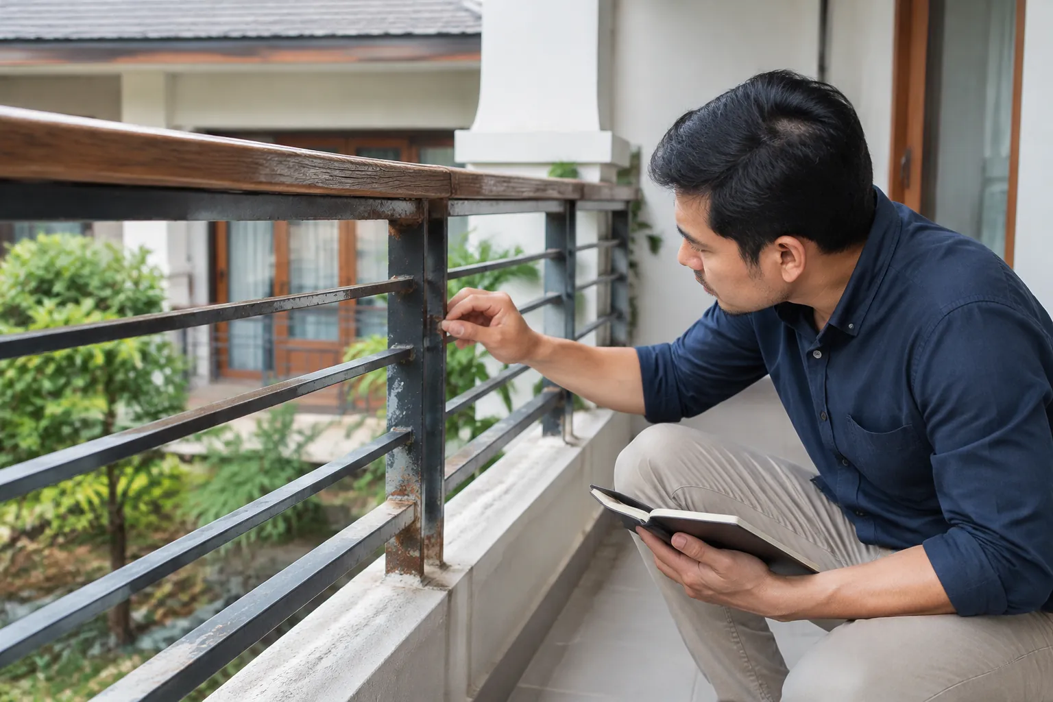 Pemeriksa meninjau bagian railing luar ruang yang mulai berkarat