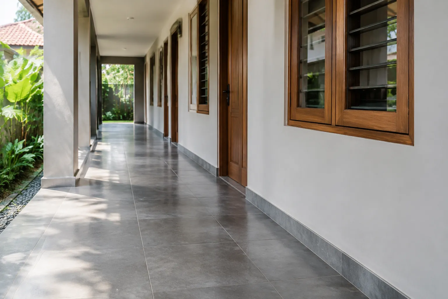 Lorong luar dengan ubin abu-abu dan jendela kayu