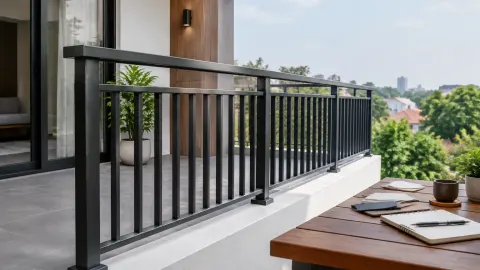 Railing logam hitam pada balkon rumah modern