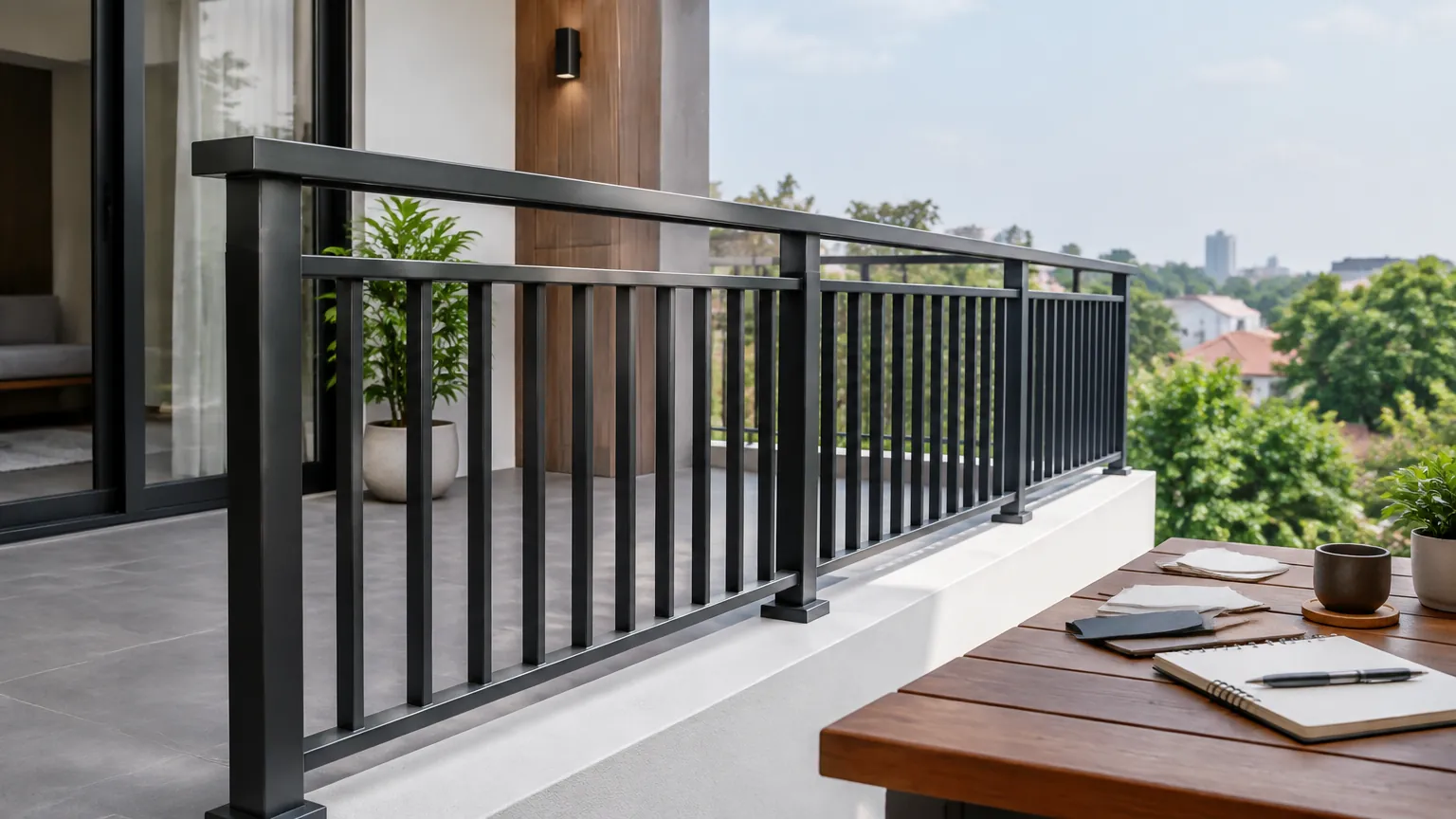 Railing logam hitam pada balkon rumah modern