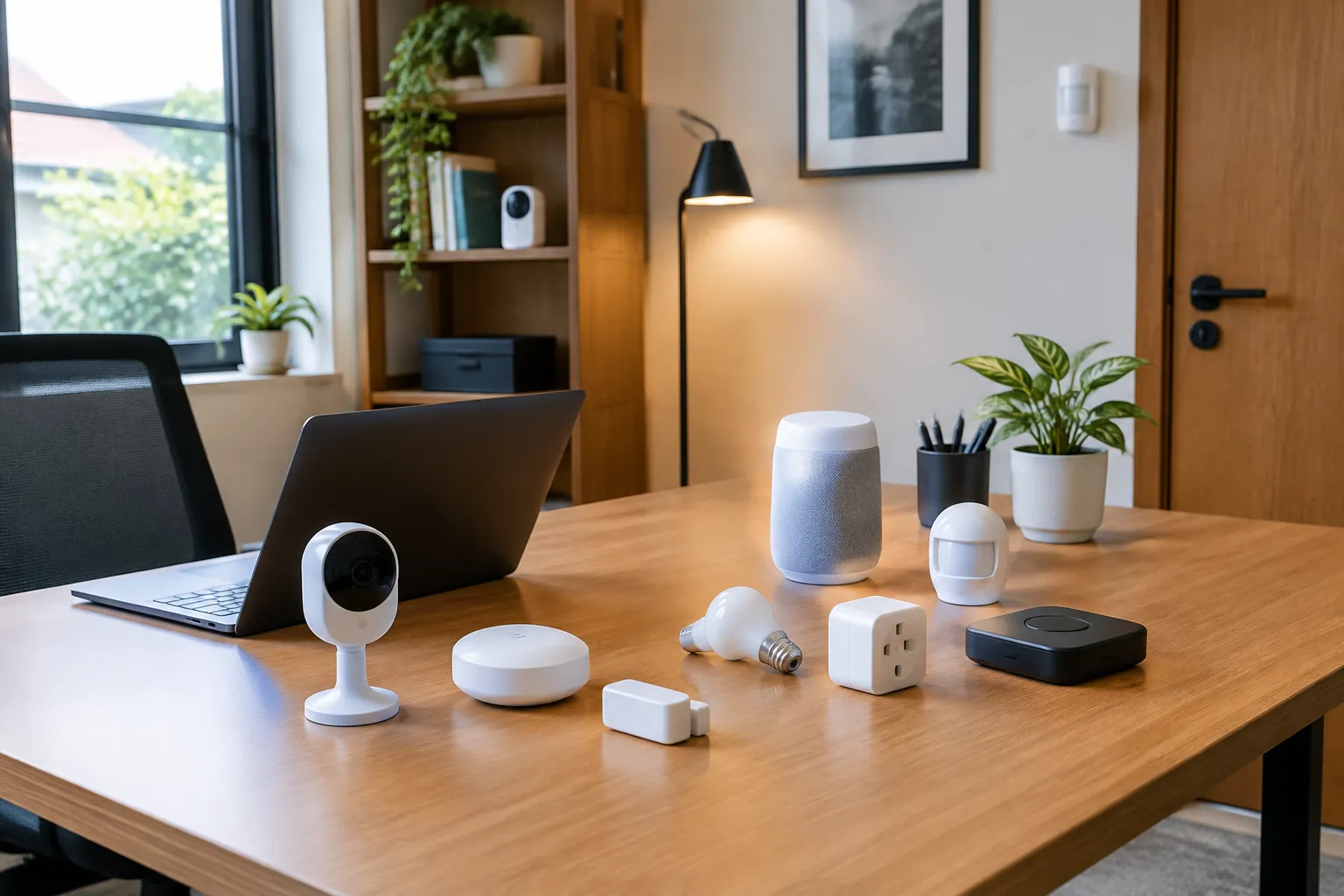 Kamera, sensor, pengendali dan adaptor rumah pintar disusun di meja