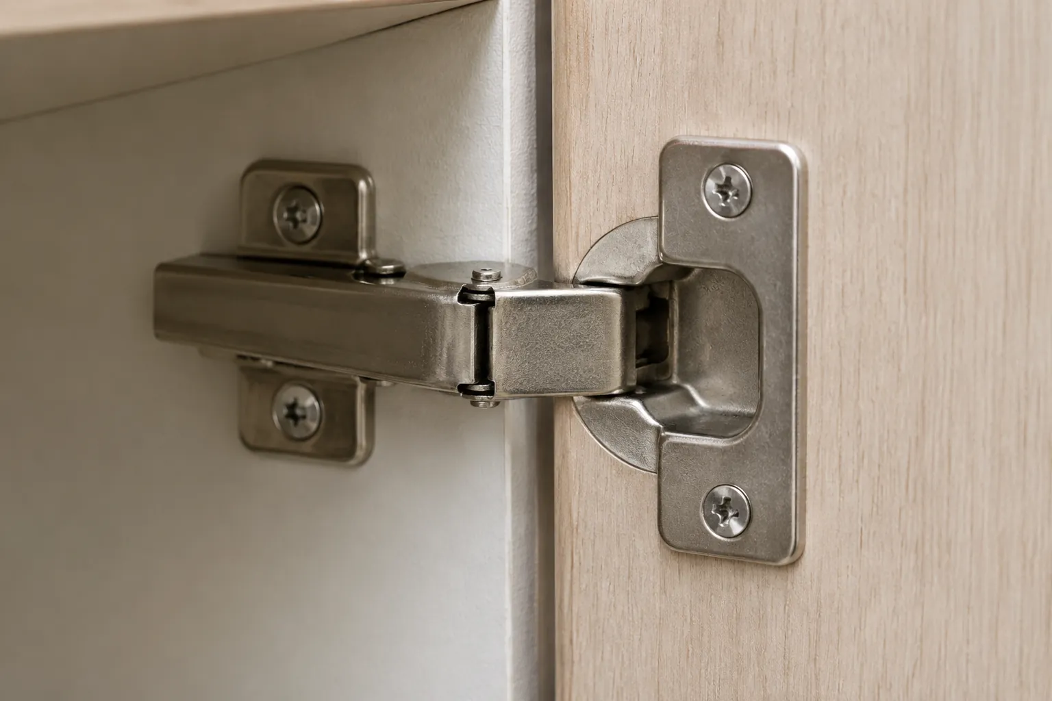Engsel logam pada pintu kabinet kayu