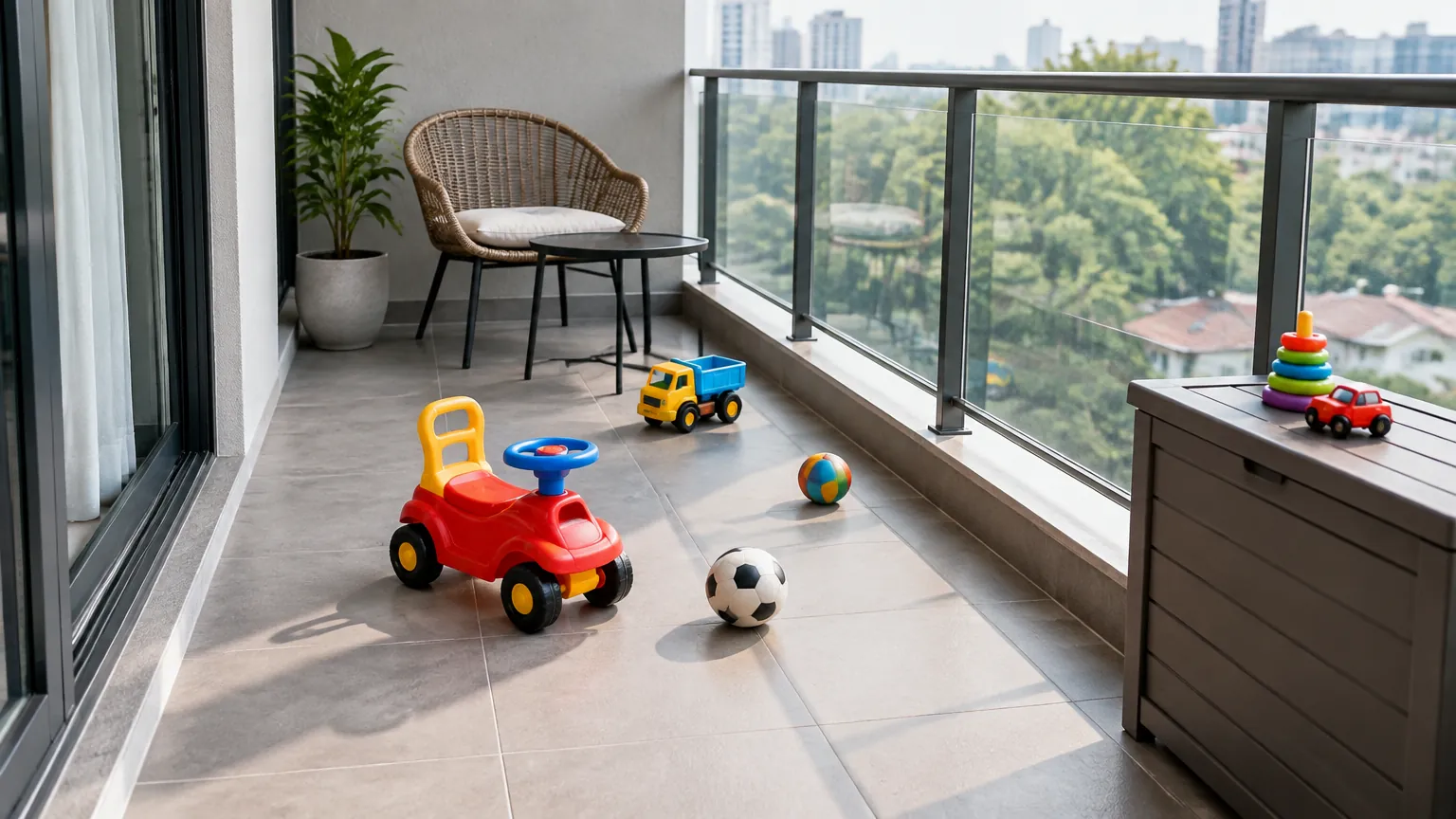 Mainan anak di lantai balkon dekat railing