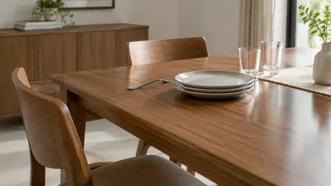 Meja makan kayu dengan peralatan makan di atasnya