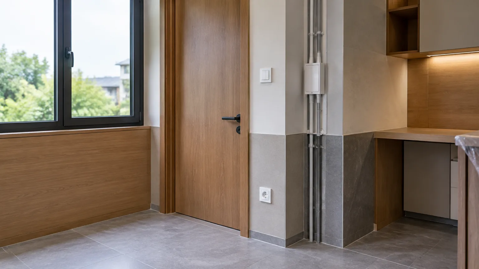 Pelapis dinding kayu dan batu di sekitar pintu kamar