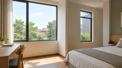Jendela besar di kamar tidur dengan cahaya alami