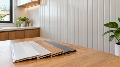 Sampel panel PVC di meja depan dinding berpanel