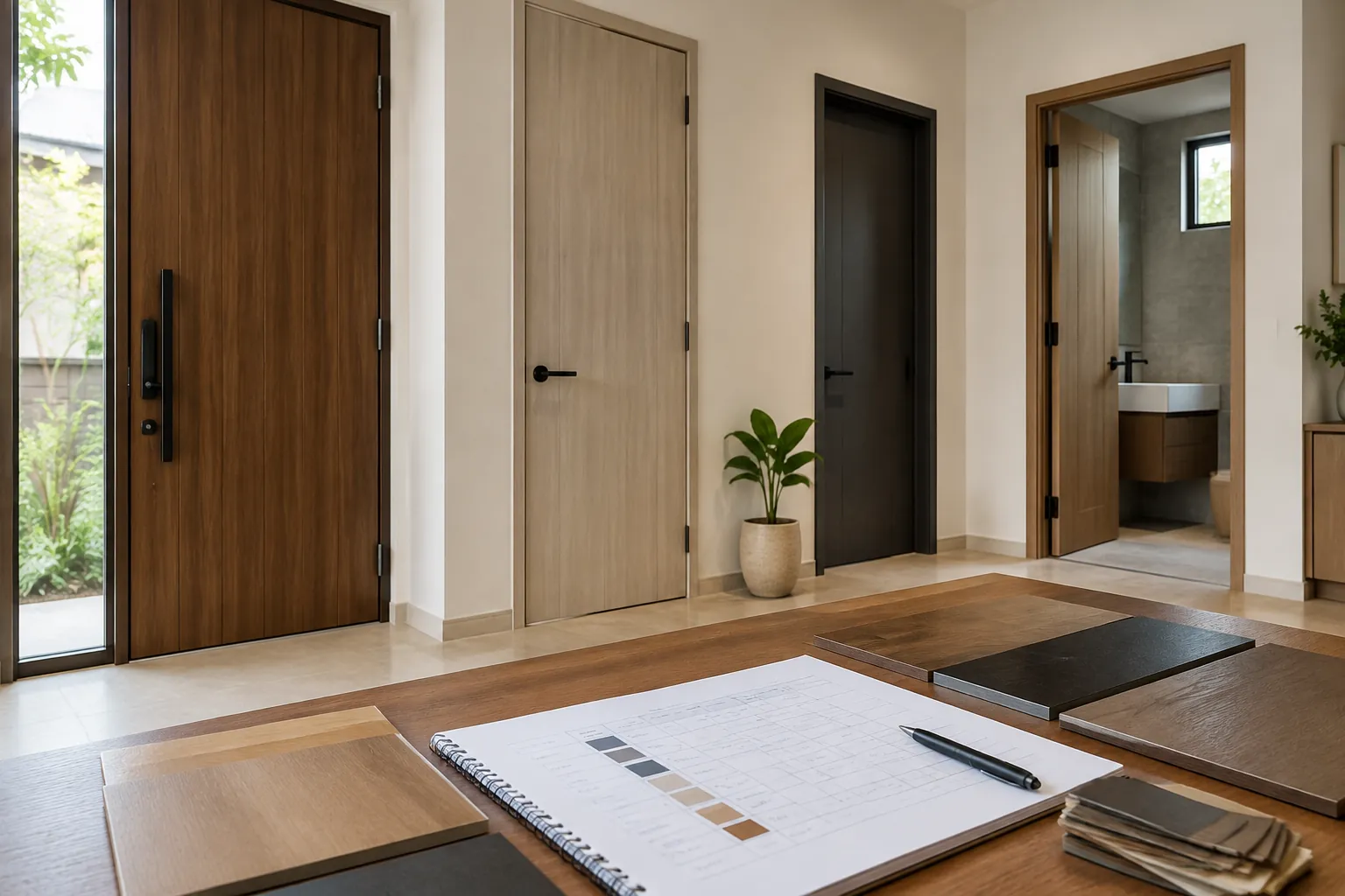 Beberapa pintu dengan finishing berbeda dan contoh warna di atas meja