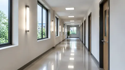 Lorong panjang terang dengan jendela dan lampu plafon