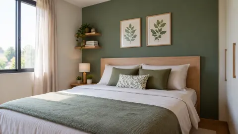 Kamar tidur berdinding hijau lembut dengan tempat tidur kayu