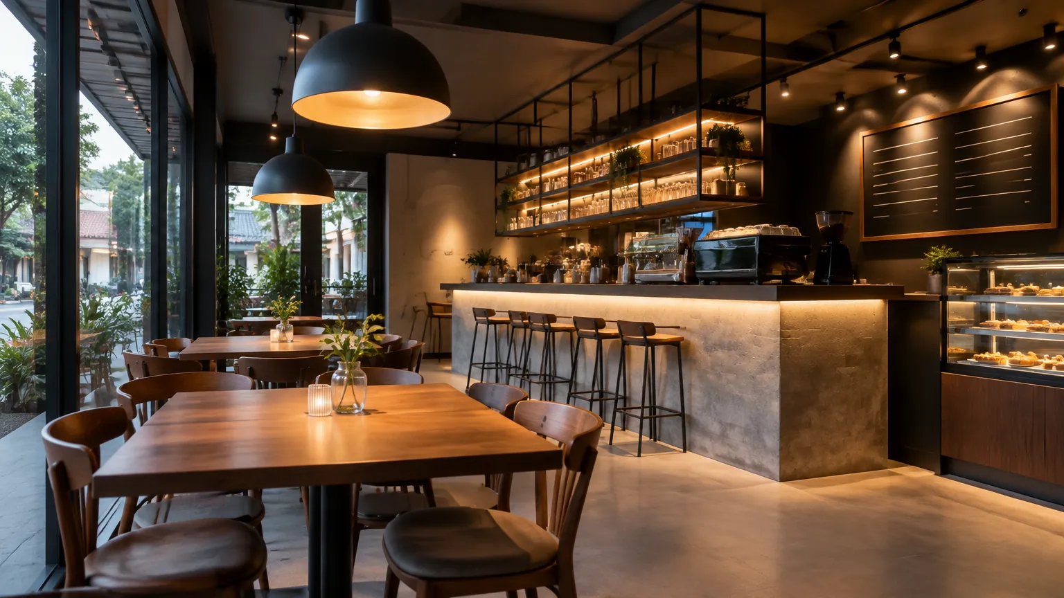 Area bar kafe dengan meja makan dan lampu gantung