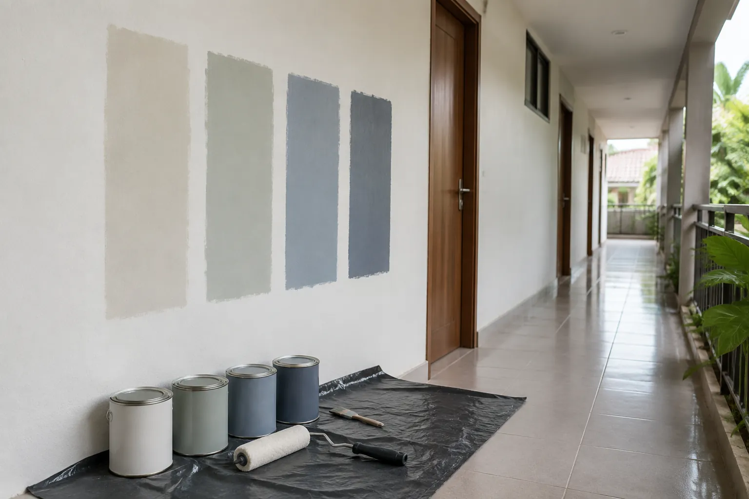 Empat sampel warna netral dicat pada dinding koridor rumah