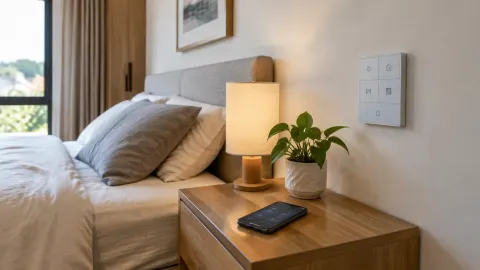 Kamar tidur dengan lampu meja dan panel kontrol di samping tempat tidur