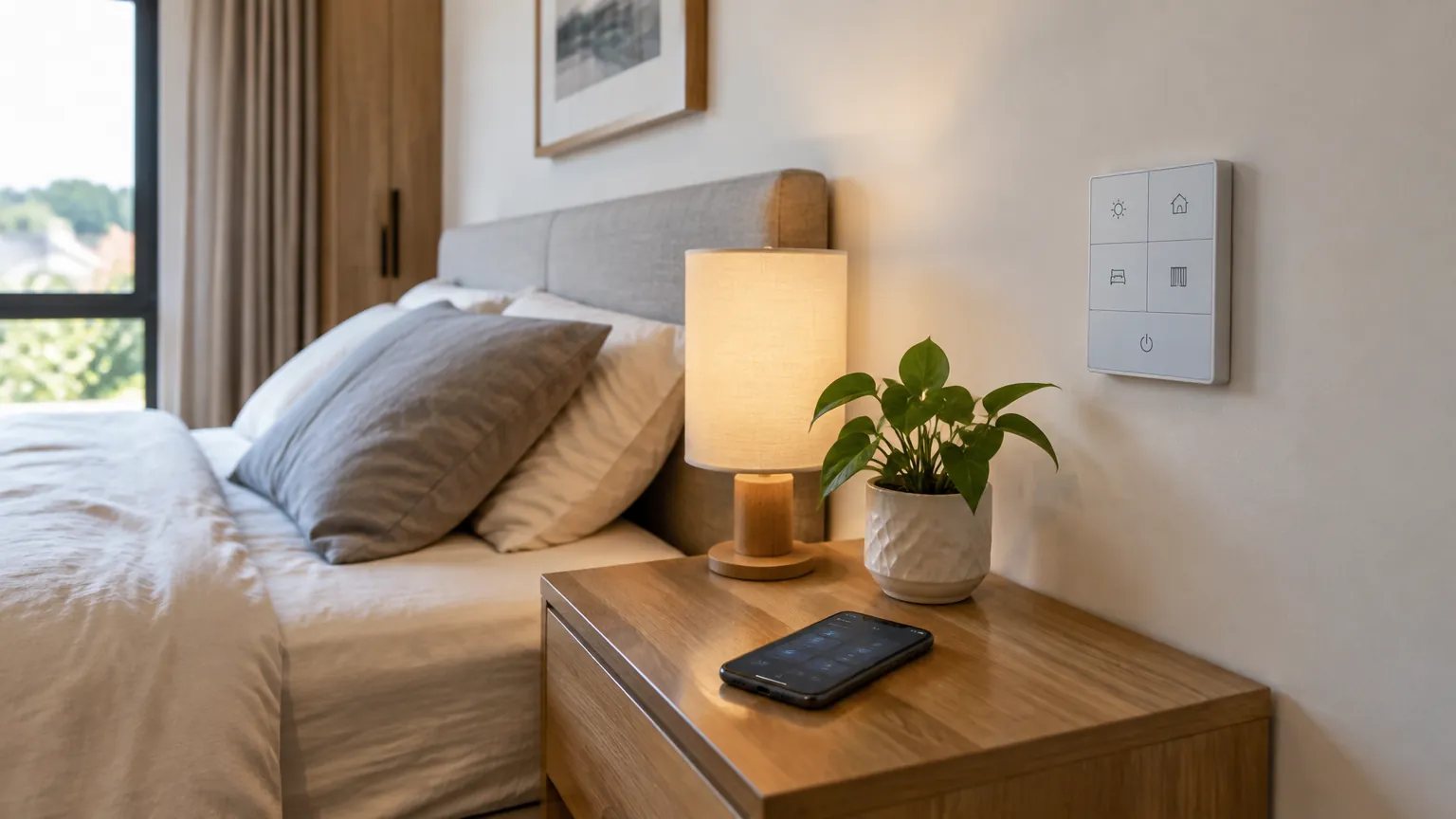Kamar tidur dengan lampu meja dan panel kontrol di samping tempat tidur