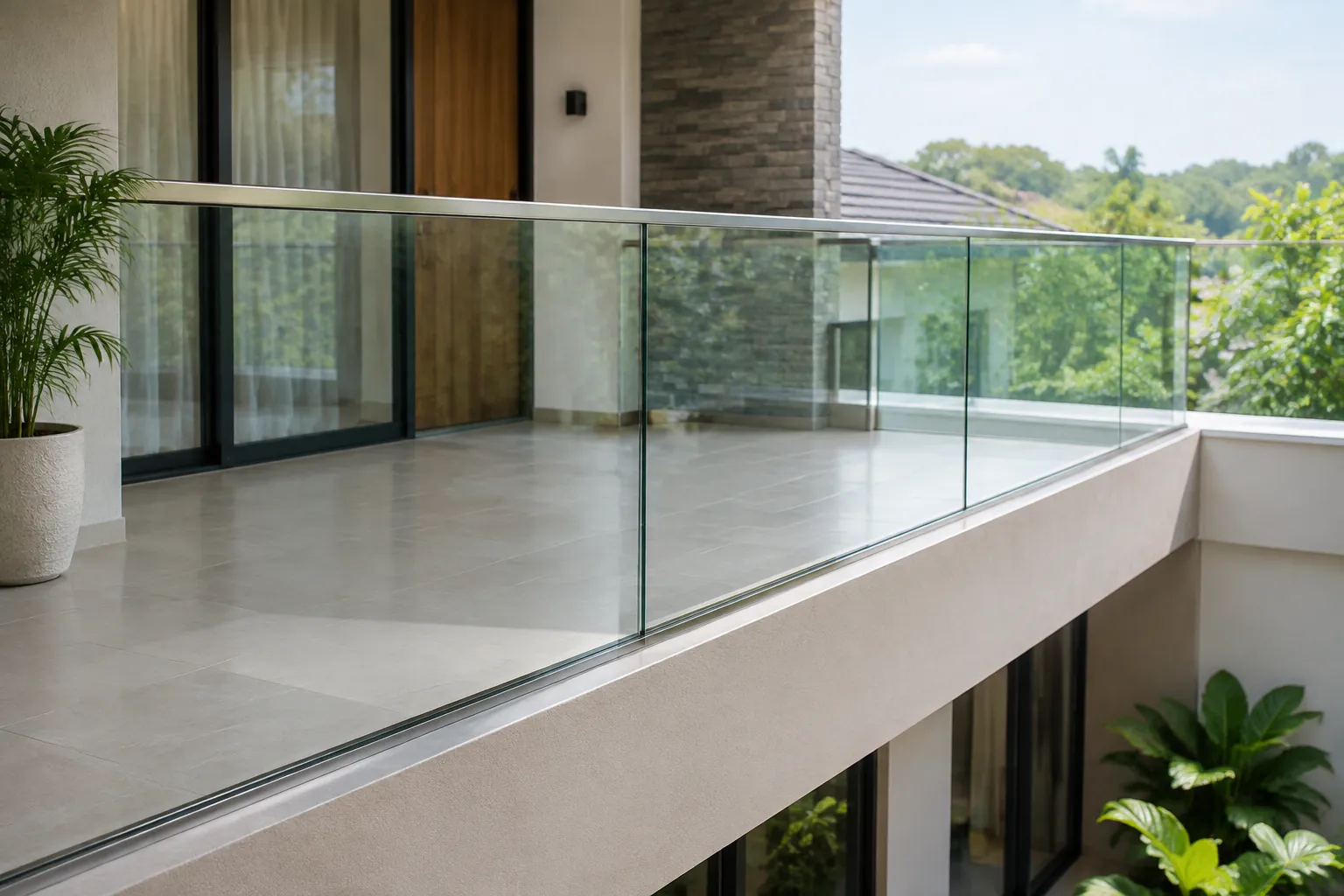 Railing kaca terpasang pada tepi balkon rumah